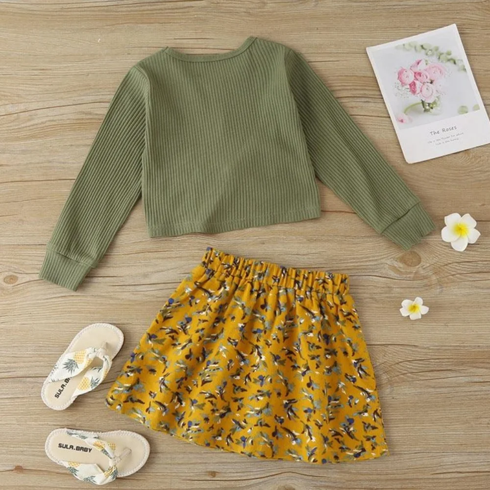 Girls Sage Green Waffle Knit Twist Front Top & Mustard Floral Skirt Set 2pc Boho
